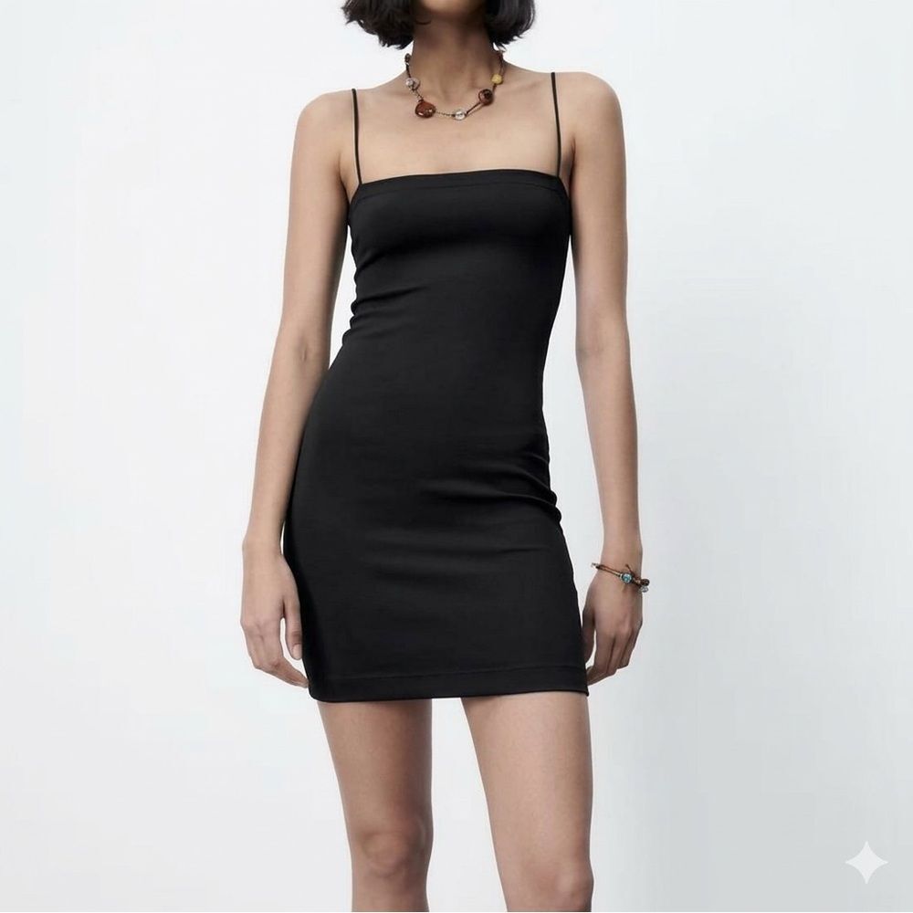 Zara Ribbed Bodycon Spaghetti Strap Mini Dress in Black | Size Large